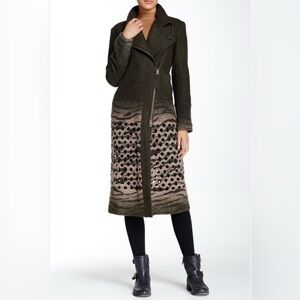 L.A.M.B. Women's Laser Lazer Cut Boiled Wool Blend Long Coat Olive Green Size 2